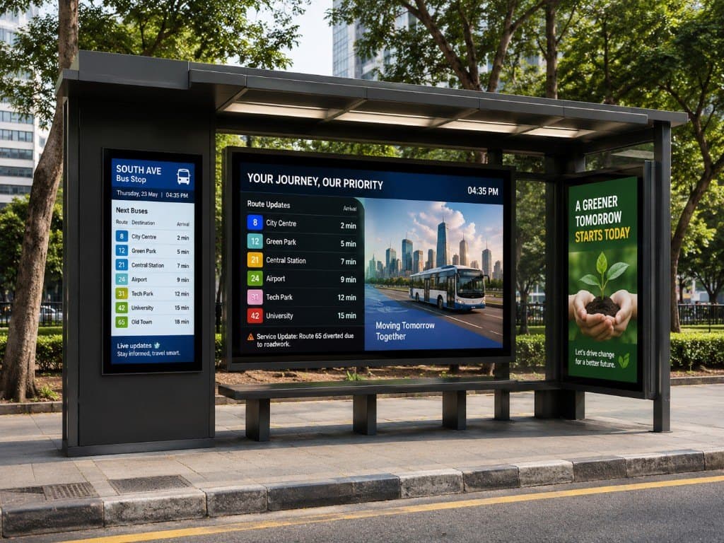 Bus stop shelter with real-time digital passenger information displays