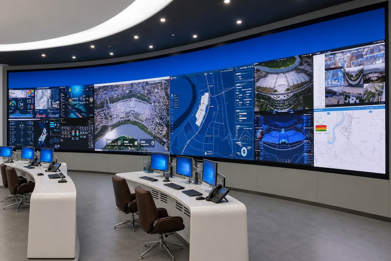 Command centre with curved LCD video wall and operator desks